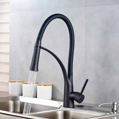 DecorBites black kitchen mixer tap with matte finish curved spout and pull-down spray head for modern kitchens