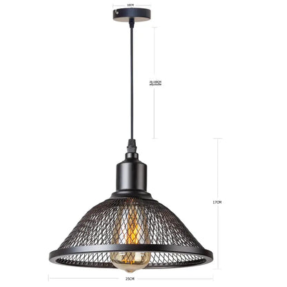 Decorbites black industrial pendant light with black metal mesh cage and exposed bulb for kitchen island or dining room