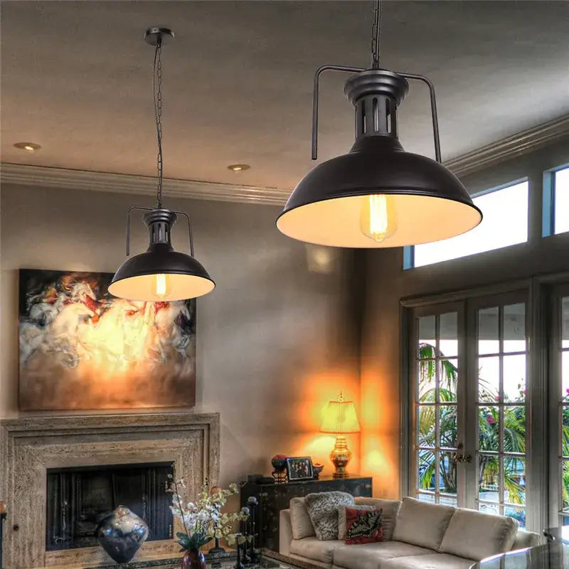 DecorBites black industrial pendant light with black metal finish and exposed filament bulbs for kitchen island decor