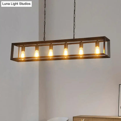Decorbites™ black industrial rectangular island pendant with five exposed edison bulbs in dark metal frame suspended by chain