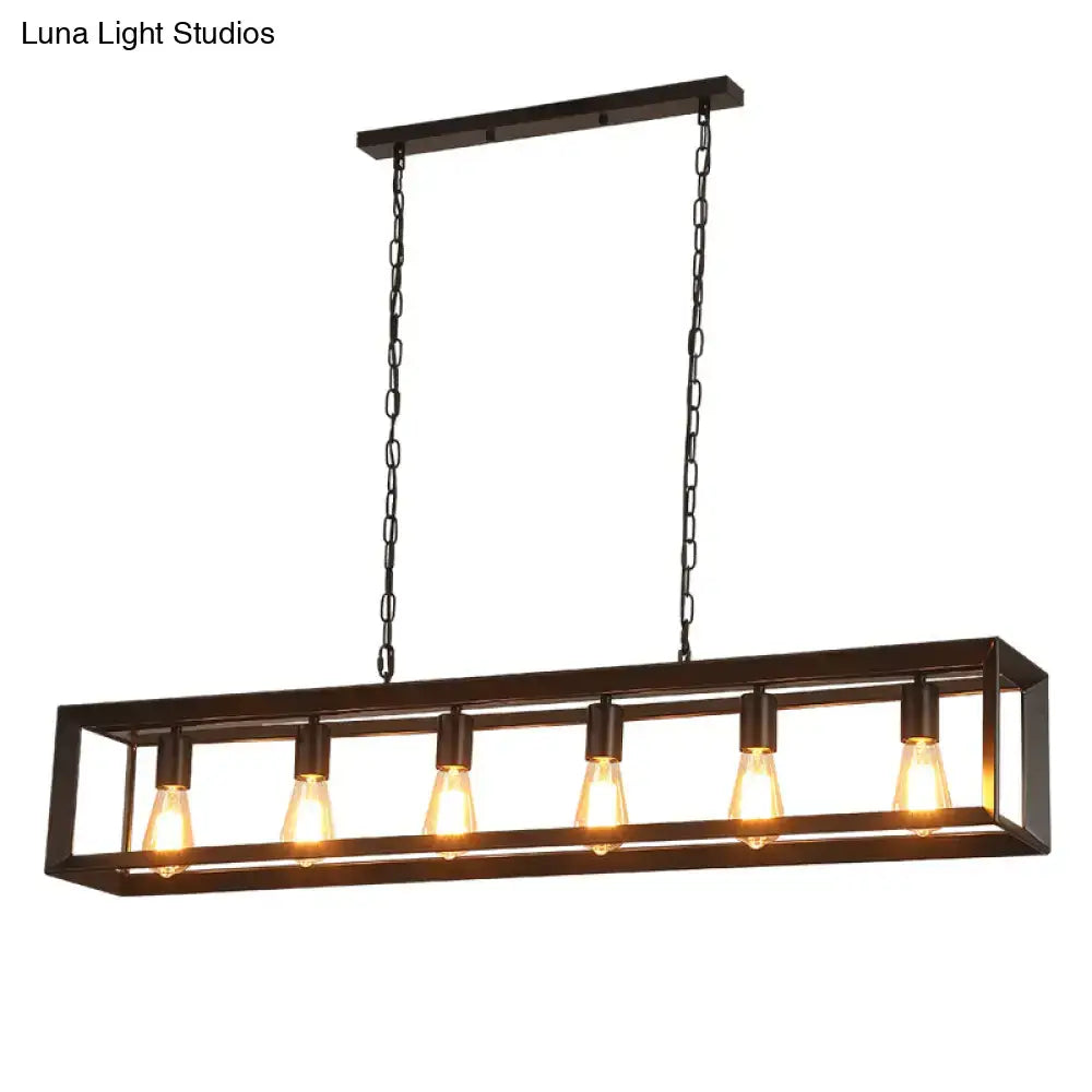 Decorbites black industrial rectangular island pendant with five exposed edison bulbs in dark bronze metal frame
