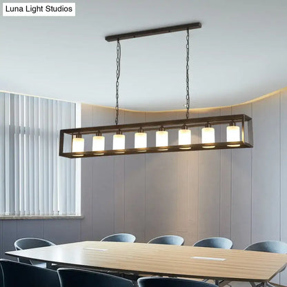 Decorbites™ black industrial rectangular island pendant with six warm glass shades suspended by dark metal frame