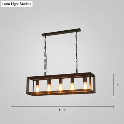 DecorBites black industrial rectangular island pendant with five exposed Edison bulbs in a matte metal frame suspended by black chains