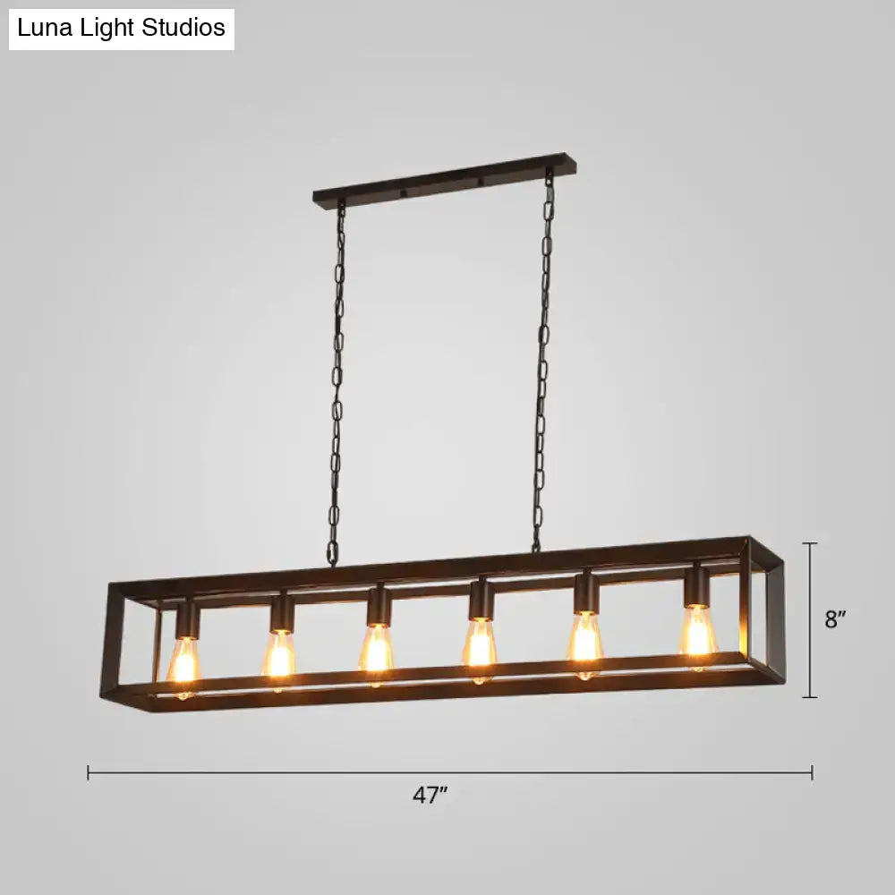 Decorbites black industrial rectangular island pendant with five exposed edison bulbs in dark bronze metal frame