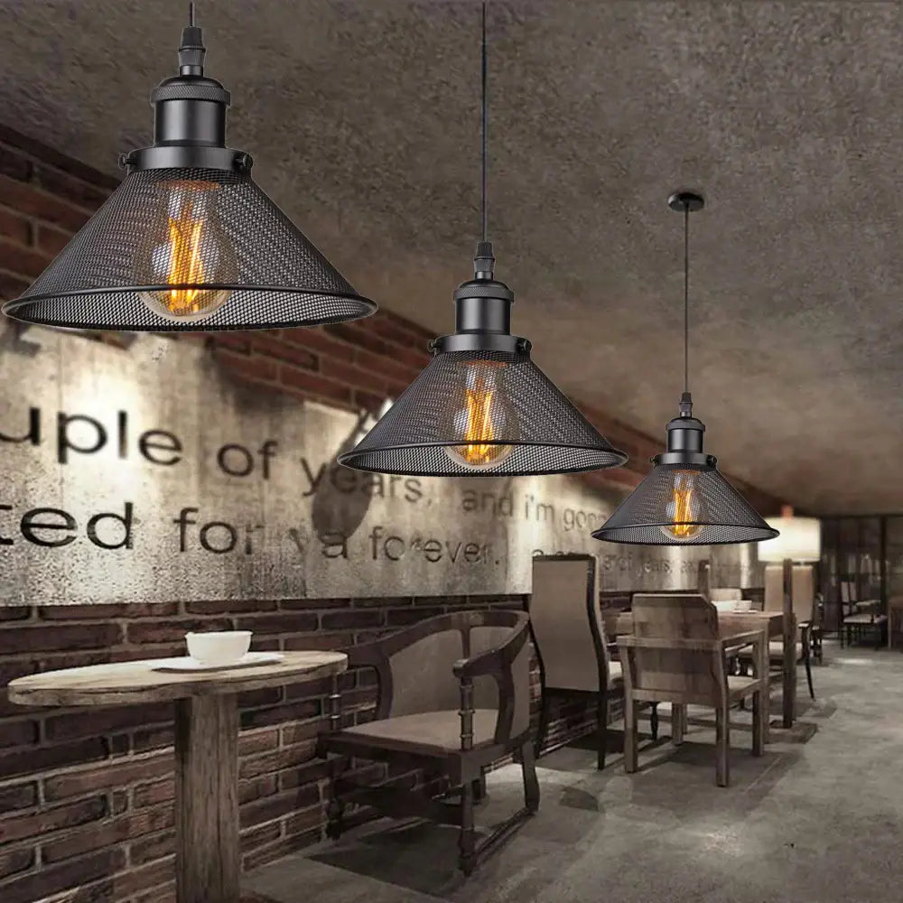 Decorbites black iron cage pendant light with mesh shades and exposed filament bulbs for kitchen island or dining room