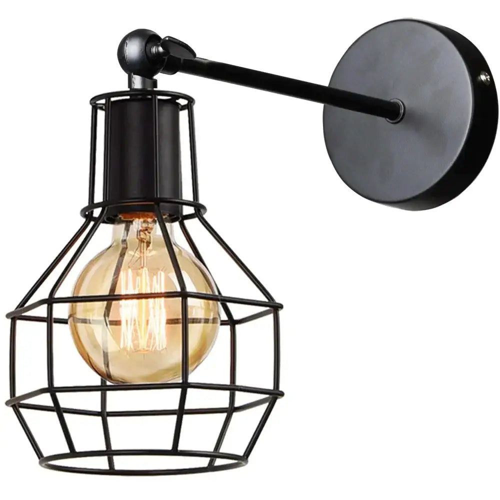 Decorbites black iron cage wall lamp featuring a glowing amber filament bulb for retro indoor lighting