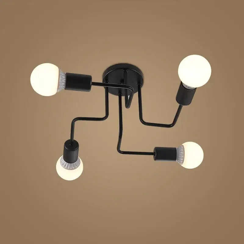 DecorBites black iron ceiling light with four exposed bulbs in black iron for living room bedroom dining kitchen use