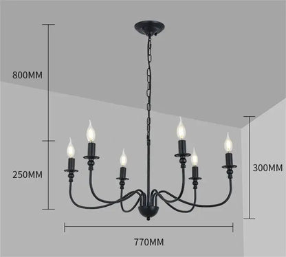 Decorbites black iron chandelier LED candle light fixture with six candle-style bulbs for home and hospitality use
