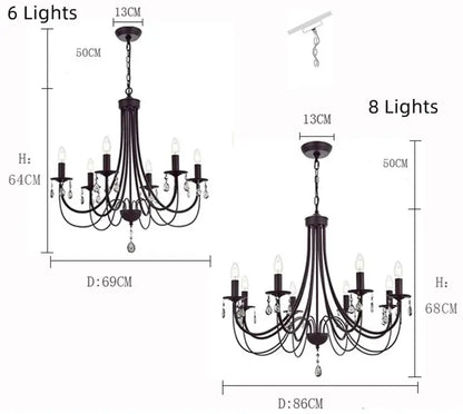 DecorBites black iron chandelier with six candle-style lights and crystal pendant droplets for home lighting