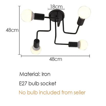 DecorBites black iron ceiling lamp with four curved arms and spherical bulbs for kitchen living and dining room use
