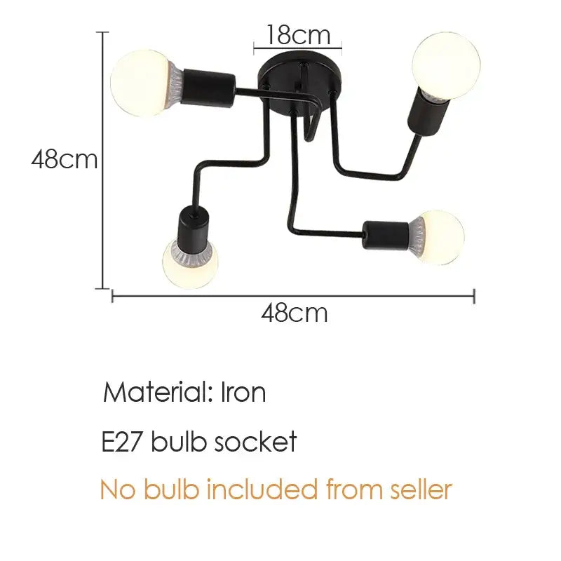 DecorBites black iron ceiling lamp with four curved arms and spherical bulbs for kitchen living and dining room use