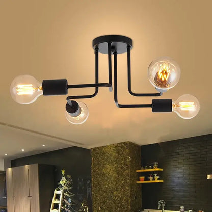 DecorBites black iron ceiling lamp with four exposed filament bulbs for kitchen living and dining rooms
