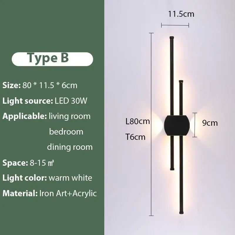 Modern black iron led wall lamp with sleek vertical bars and circular accent by decorbites for living room use