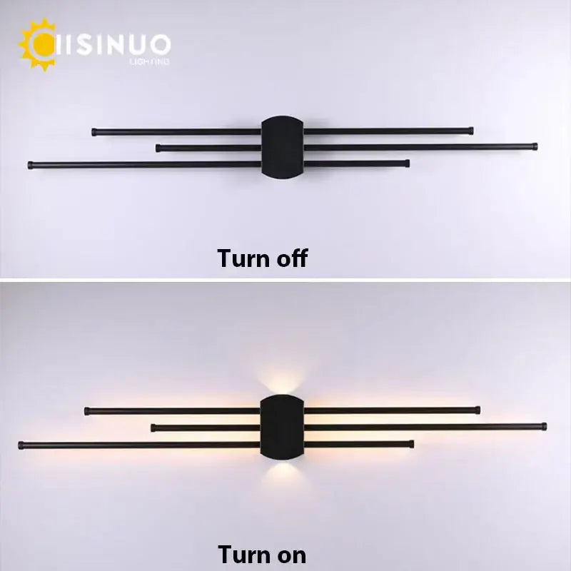 Decorbites black iron led wall lamp with three horizontal bars and warm light for living room bedside tv background
