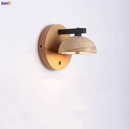 Decorbites black iron led wall light with warm wooden backplate and textured concrete dome wall lamp for bedside use