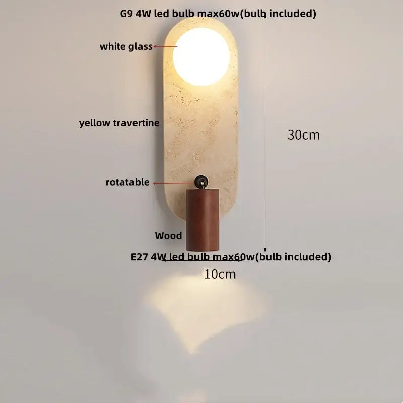 Decorbites yellow travertine wall lamp with white glass lens wooden base iron led wall light for bedside use