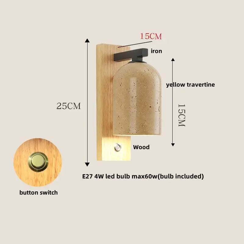 DecorBites black iron led wall lamp with warm yellow travertine glass shade and natural wood base for bedside use