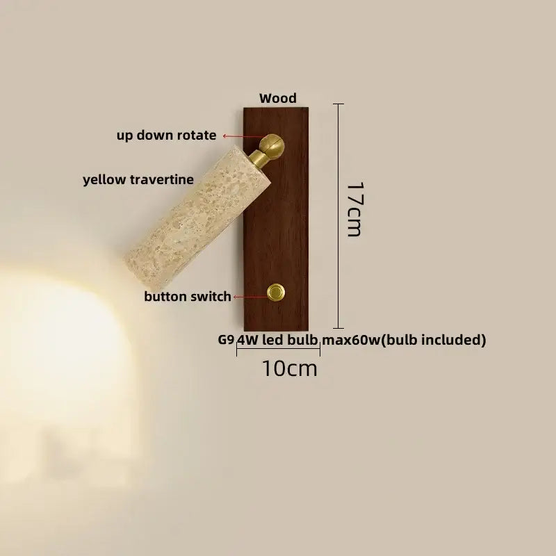 DecorBites black iron led wall lamp with dark wood base and yellow travertine shade for coffee nordic bedside use