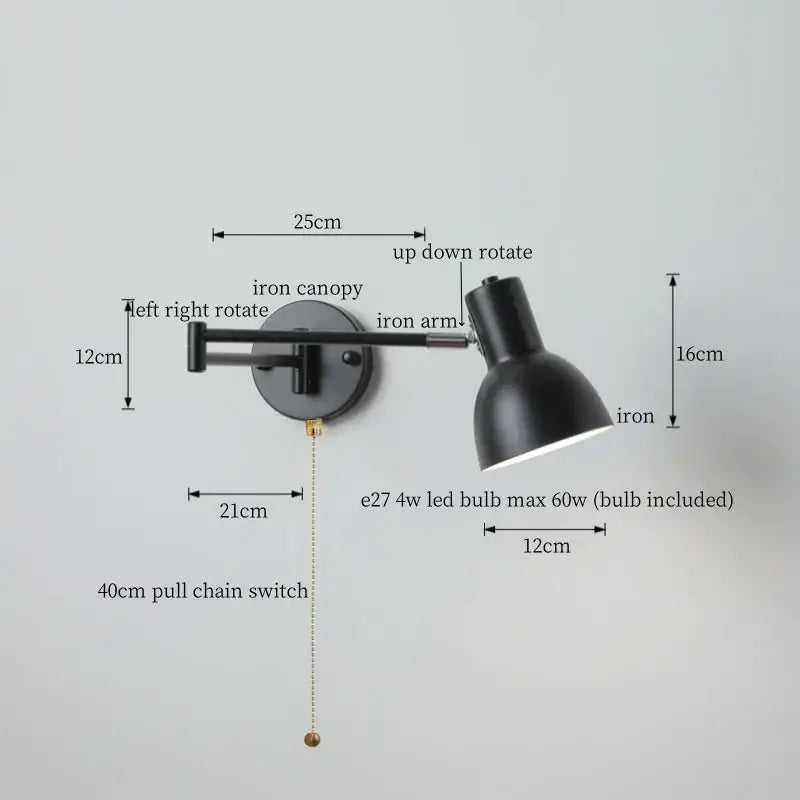 Decorbites black iron wall sconce with adjustable arm and pull chain switch in modern nordic style for home decor