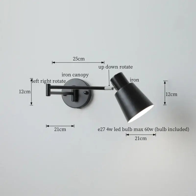 DecorBites black iron led wall sconce is a modern nordic style black iron reading lamp with adjustable rotation