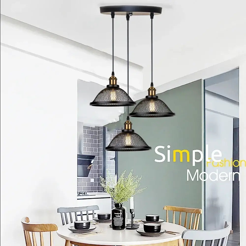 Decorbites black iron pendant light with mesh net-cage shades and brass accents for kitchen bedroom and living room