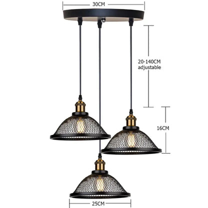 DecorBites black iron pendant light fixture with brass accents and mesh shades for kitchen and living room use