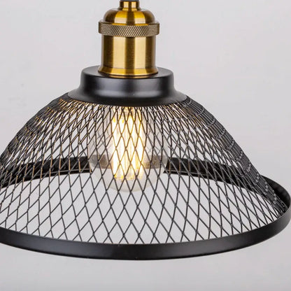 DecorBites black iron net-cage pendant light fixture with brass top and mesh shade for kitchen and living room use