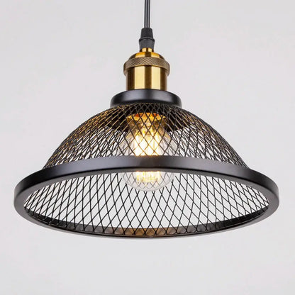DecorBites black iron net-cage pendant light fixture with black mesh shade and brass accents for kitchen and living room