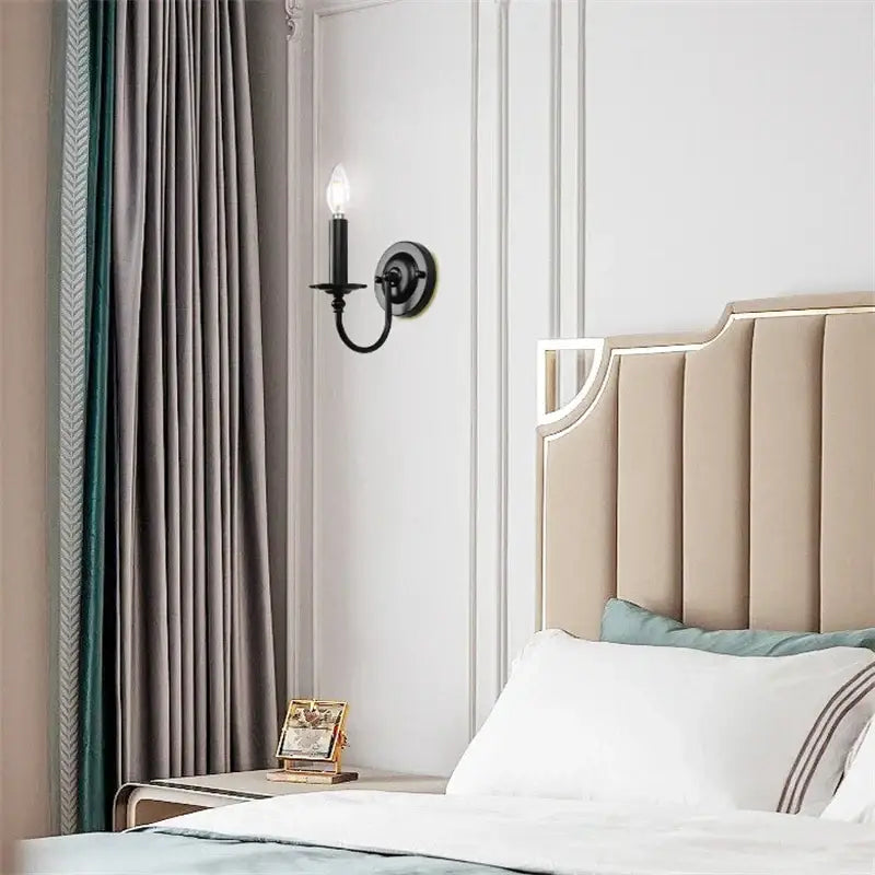 DecorBites black iron vintage wall lamp black wrought iron candle style sconce with single lit bulb for bedroom kitchen corridor