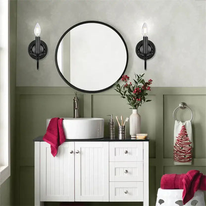 Black round frame mirror complementing decorbites black iron vintage wall lamp for bedroom and kitchen sconce