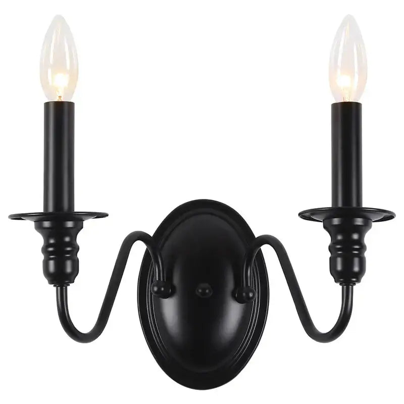 Decorbites black iron vintage two-light wall lamp with candle-style bulbs for bedroom kitchen corridor sconce