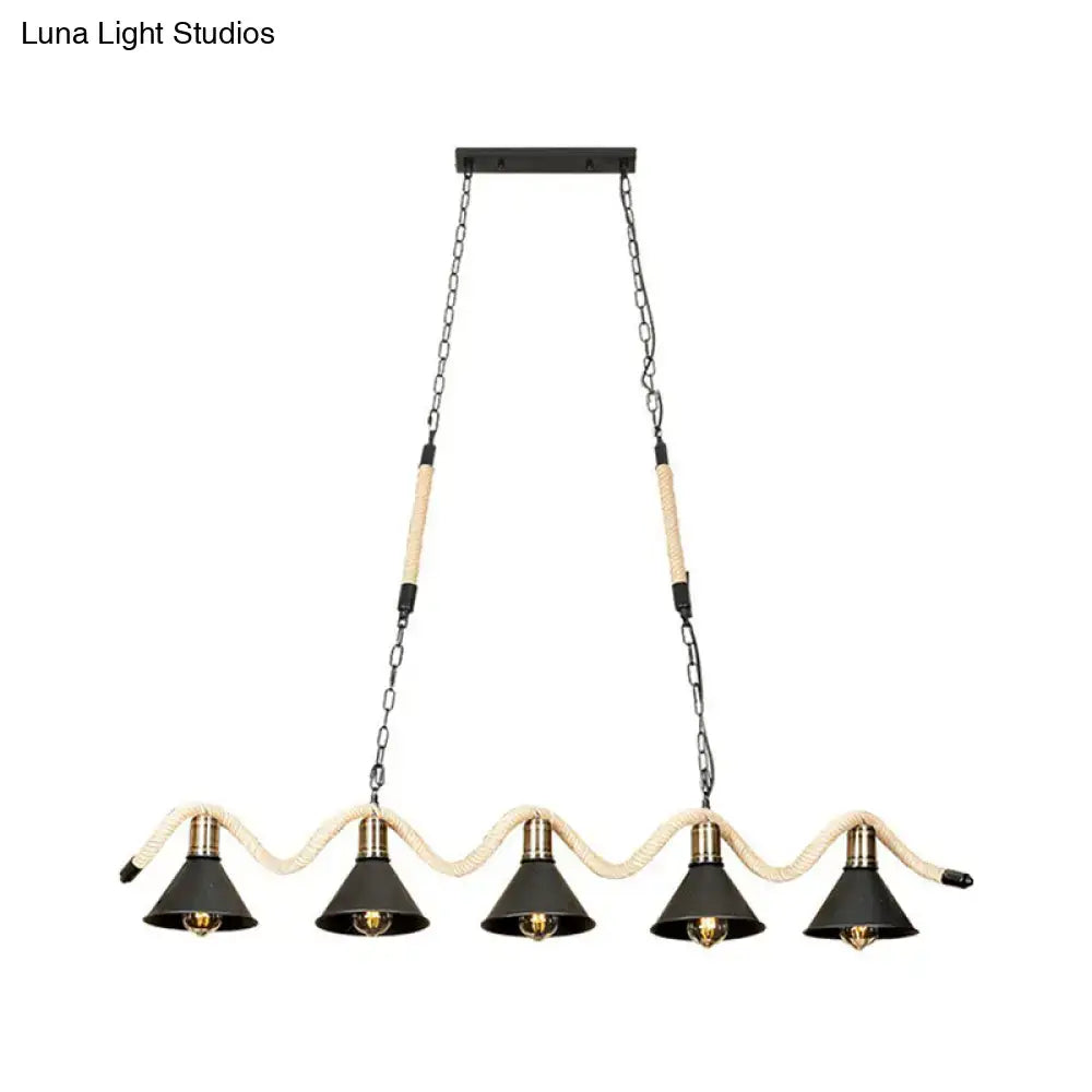 DecorBites black island pendant with five metal shade lights suspended by hemp rope and chains for industrial décor