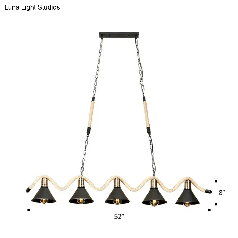 DecorBites black island pendant with 5 metal shade lights and hemp rope wrapped arms for industrial style lighting
