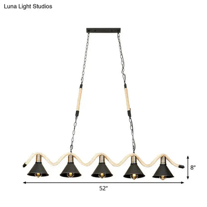DecorBites black island pendant with 5 metal shade lights and hemp rope wrapped arms for industrial style lighting