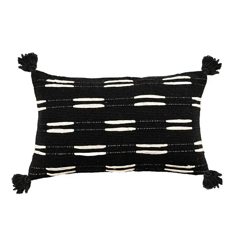 Decorbites black ivory woven cushion cover in black with white stripes and tassels for living room decor