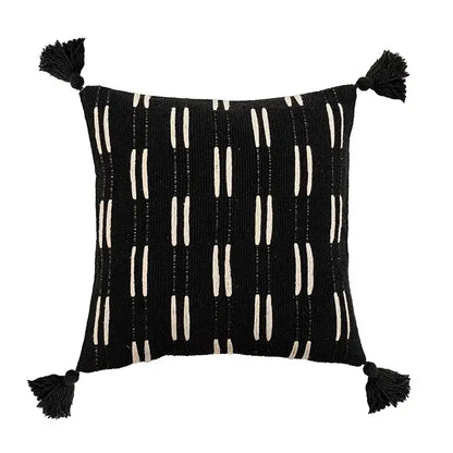 DecorBites black ivory cushion cover with black tassels and cream vertical stripes for living room decor