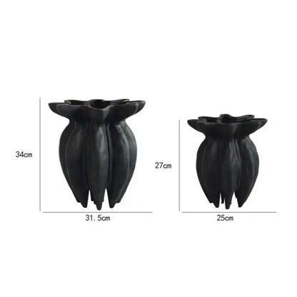 Black jellyfish petal ceramic vases by DecorBites™ with matte finish and fluted sides for artistic home décor