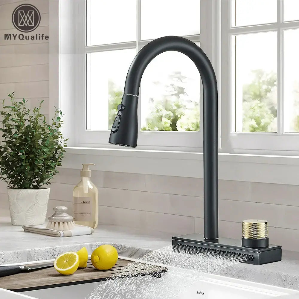 Decorbites black kitchen faucet with curved spout pull-down spray and textured gold brass control knob in matte finish