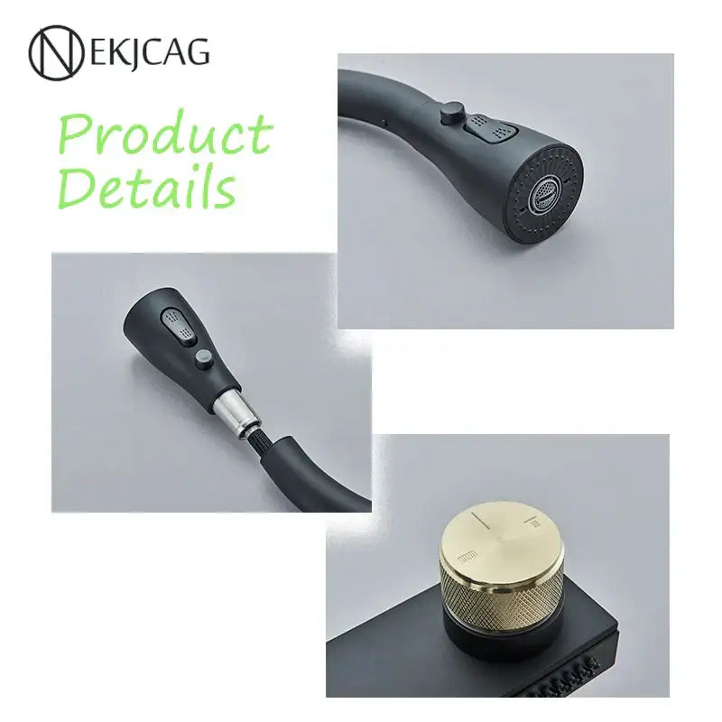 Decorbites black kitchen faucet with flexible pull out 3 nozzle mixer tap and textured brass knob for water flow control