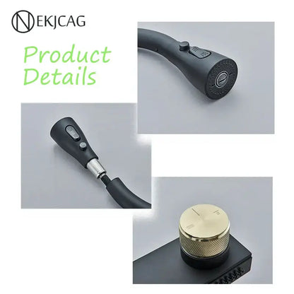 Decorbites black kitchen faucet with flexible pull out 3 nozzle mixer tap and textured brass knob for water flow control