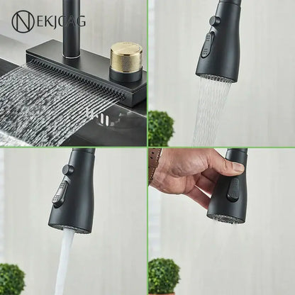 Decorbites black kitchen faucet with matte black finish, gold-accented control knob, and flexible pull out spray head