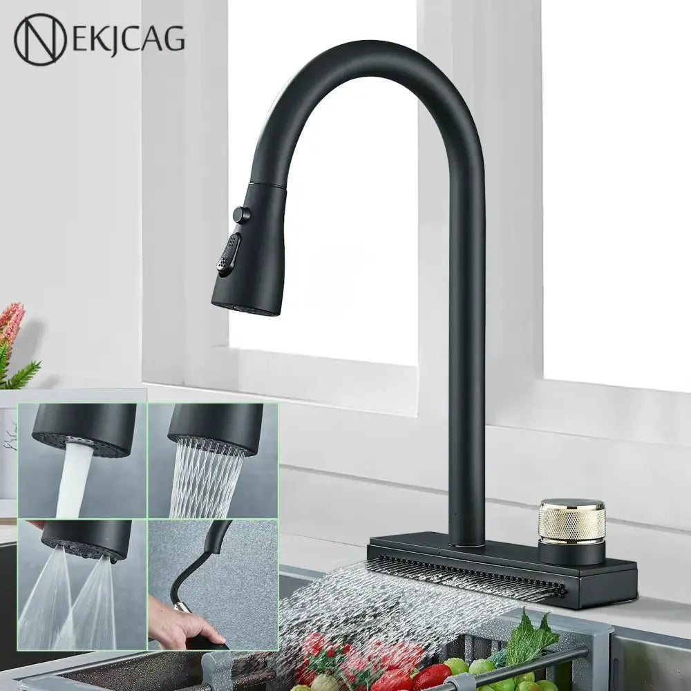 Decorbites black kitchen faucet with black matte finish, sleek curved spout, and flexible pull-down spray head