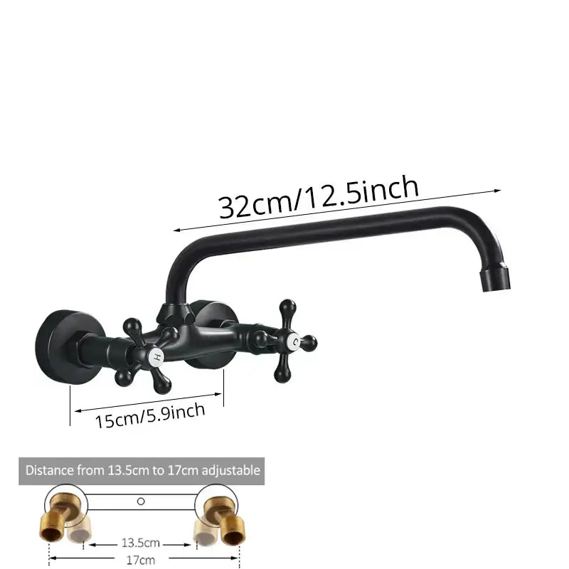 DecorBites black kitchen faucet mixer tap wall mounted with matte finish two cross-handle knobs and curved spout