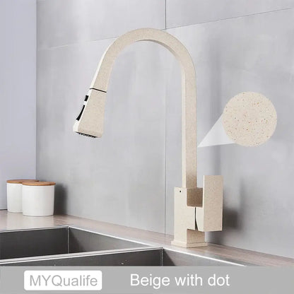 Beige speckled stone kitchen faucet with curved spout and pull-down spray head for decorbites black kitchen faucet setup