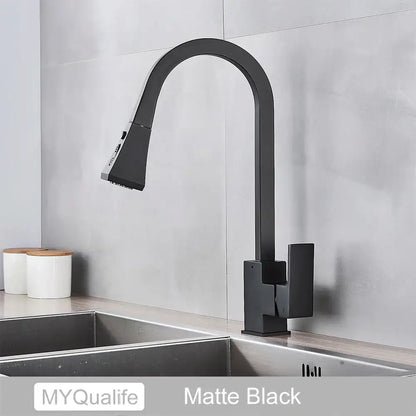 Matte black decorbites black kitchen faucet with sleek curved spout and pull-down spray head for modern kitchens