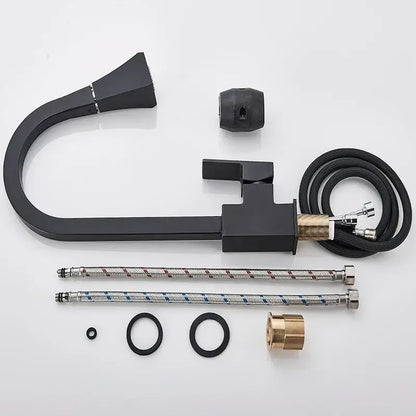 DecorBites black kitchen faucet with matte finish curved spout rectangular handle and flexible braided hoses brass fittings