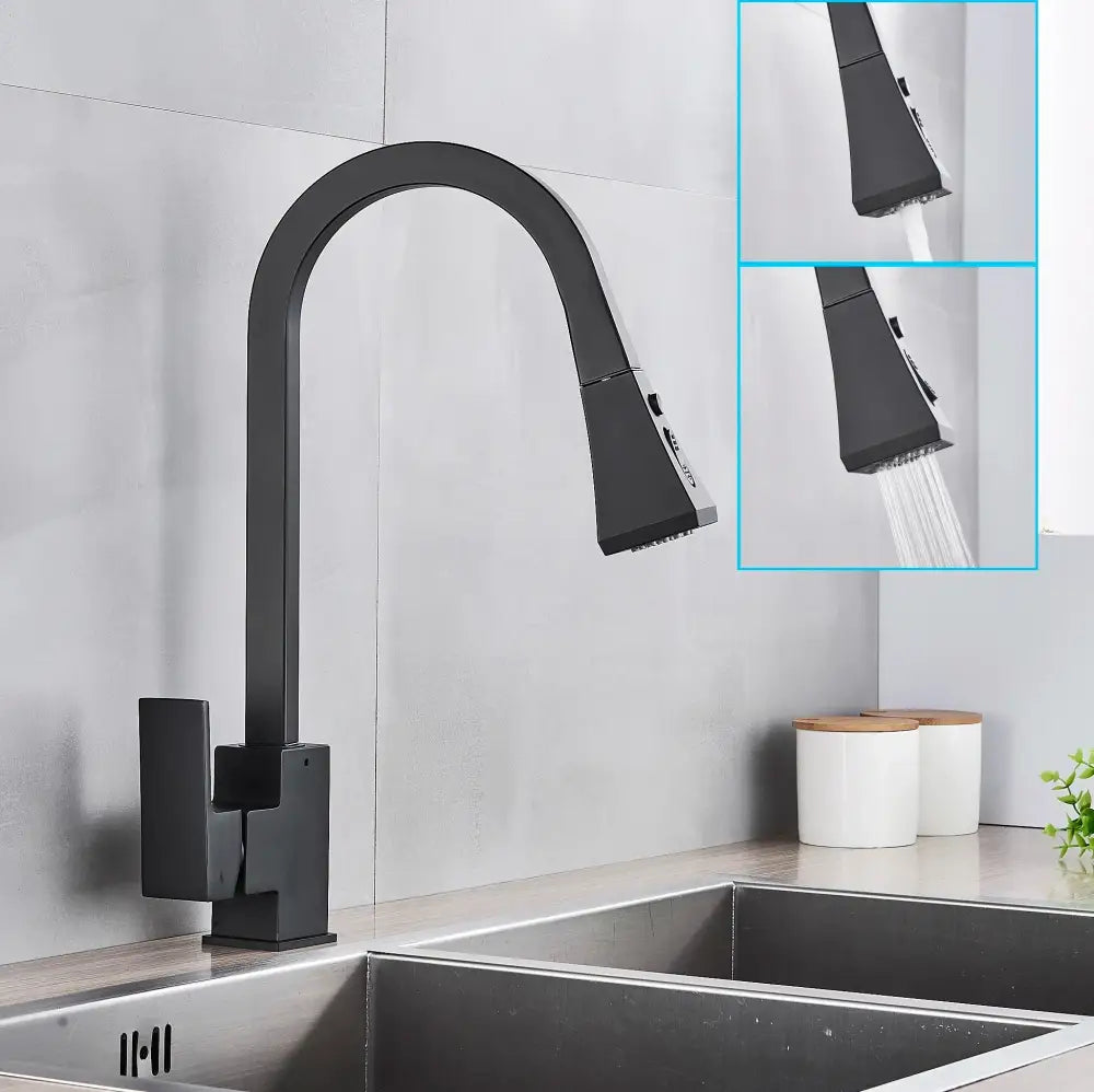 Decorbites black kitchen faucet with matte finish pull down spray head and sleek curved spout for deck mounting
