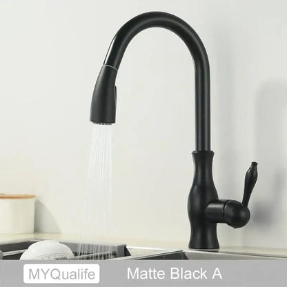 Matte black kitchen faucet by DecorBites with sleek curved spout pull-down spray head and 360 rotation mixer
