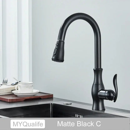 Matte black kitchen faucet by decorbites with a curved spout pull-down spray head and 360 rotation mixer handle