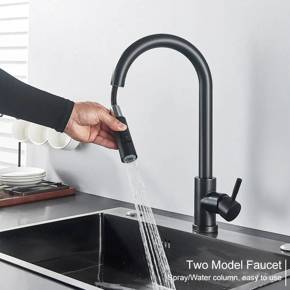 Decorbites black kitchen faucet with black matte finish, single handle pull out mixer, and two function hot cold taps
